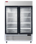 Rock Solid 54 Inch Wide Commercial Display Freezer Featuring Double Glass Doors And Anti Fingerprint Stainless Steel Build Straight Up For Boutiques Stores And Restaurant Bars, front view showing shelves.