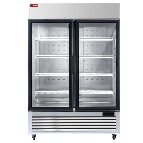 Rock Solid 54 Inch Wide Commercial Display Freezer Featuring Double Glass Doors And Anti Fingerprint Stainless Steel Build Straight Up For Boutiques Stores And Restaurant Bars, front view showing shelves.