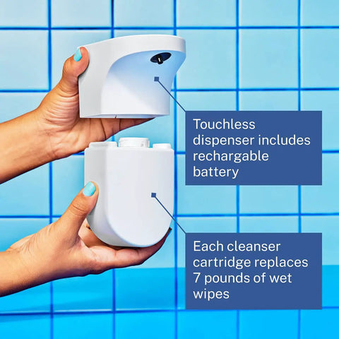 Touchless Toilet Paper Foam Dispenser Kit Turns Regular Toilet Paper Into Flushable Wipes Wall Mounted Convenience For Sensitive Skin Plumbing And Septic Safe Home Upgrade with rechargeable battery and cleanser cartridge.