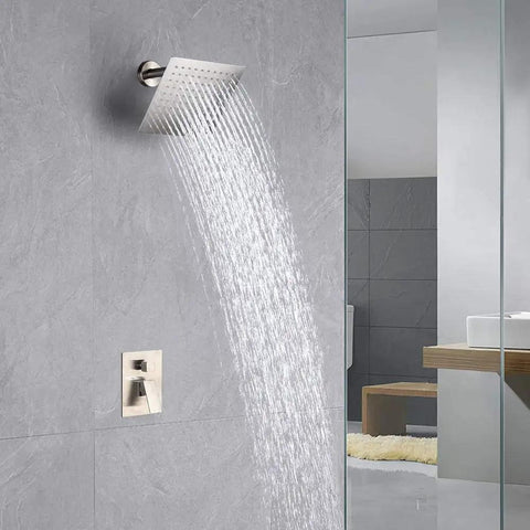 Square Rain Shower Head With 8 Inch Stainless Steel High Flow And Brushed Nickel Finish, installed in modern bathroom