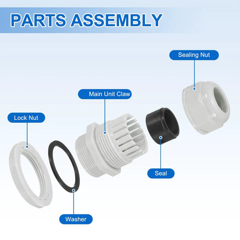 Parts of Five Pack PG29 Cable Glands, Adjustable 18-25mm, PA6 Nylon, IP68 Waterproof Connectors With Seals, Anti-Corrosion, White