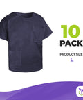 Pack Of Ten Dark Blue Disposable Scrub Shirts Unisex Adult Large Lightweight Spunbond Polypropylene Short Sleeve Top With Double Chest Pockets.