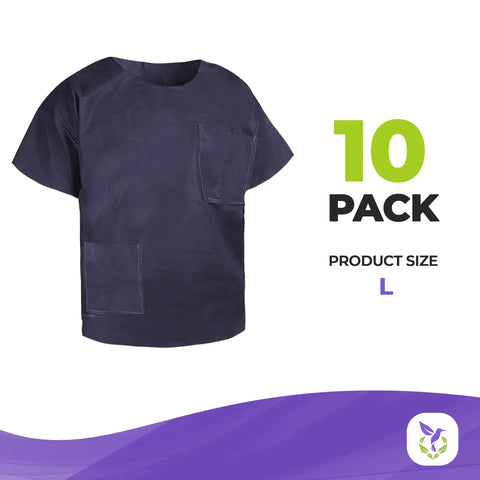 Pack Of Ten Dark Blue Disposable Scrub Shirts Unisex Adult Large Lightweight Spunbond Polypropylene Short Sleeve Top With Double Chest Pockets.