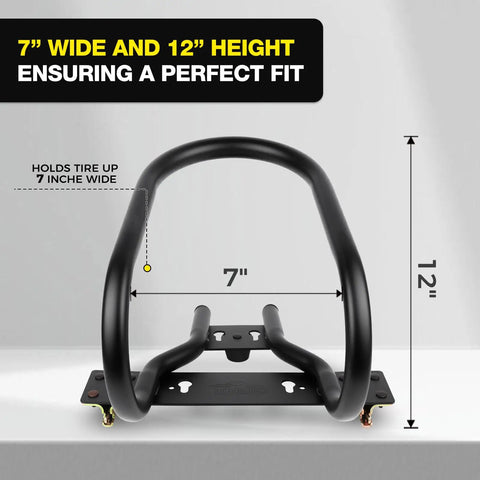 7 Inch Motorcycle Wheel Chock and E Track Ratchet Strap Bundle, Built Tough Heavy Duty Steel Wheel Stabilizer, 7x12 layout