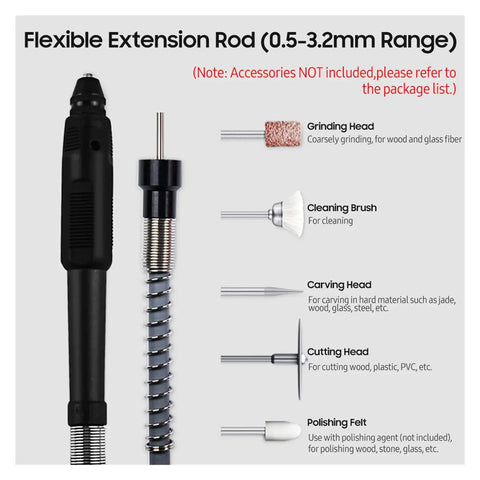 Flexible Extension Rod for 0.5-3.2mm range with various tool heads for precise drilling and polishing uses.
