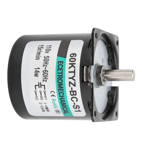 Super Silent 14 Watt Synchronous Generator Motor With Full Metal Gears For Home Appliances And Industrial Gearboxes Running Smooth At Low RPMs Like 5 Or 15 RPM On Ac Voltage, compact design with metal housing.