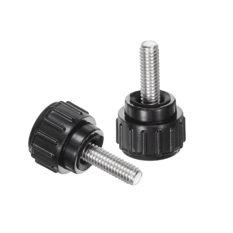 12 Pack Premium Knurled Thumb Screws M4 By 12 Millimeter Stainless Steel Bolts, two black knob screws, adjustable grip design.
