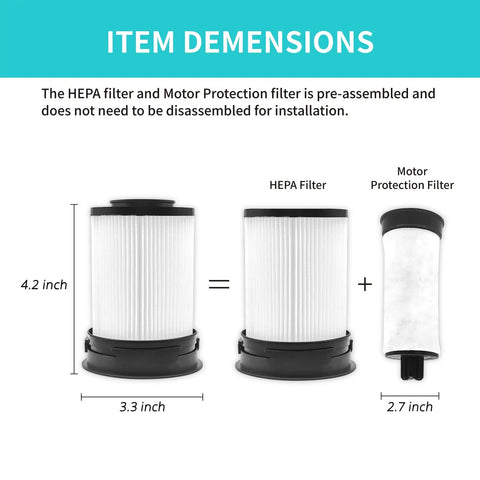 Diagram showing Two Pack Fine Dust Filter For Miele TriFlex HX1 Series with dimensions of HEPA and motor protection filters.