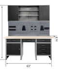 Front view of Ultimate Garage Storage System With Wall Cabinets, Steel Pegboard And Wood Workbench, Tools Organizer, 63x23.6x75.5"