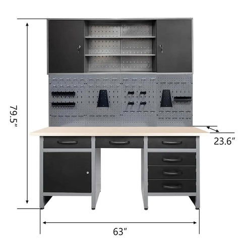 Front view of Ultimate Garage Storage System With Wall Cabinets, Steel Pegboard And Wood Workbench, Tools Organizer, 63x23.6x75.5"