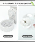 Top Tier Automatic Rabbit Water Dispenser And Food Feeder Combo Large Capacity Grey Bunny Station showing sink partition and siphon device.