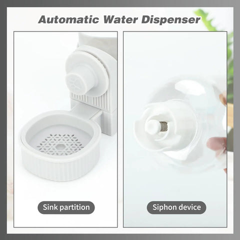 Top Tier Automatic Rabbit Water Dispenser And Food Feeder Combo Large Capacity Grey Bunny Station showing sink partition and siphon device.