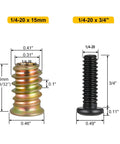 Woodworking Threaded Inserts and Bolts Kit For DIY Furniture Repair, 40 Sets, showing 1/4-20 x 19/32 Inch inserts and screws.