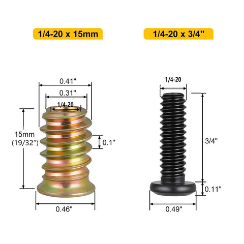 Woodworking Threaded Inserts and Bolts Kit For DIY Furniture Repair, 40 Sets, showing 1/4-20 x 19/32 Inch inserts and screws.