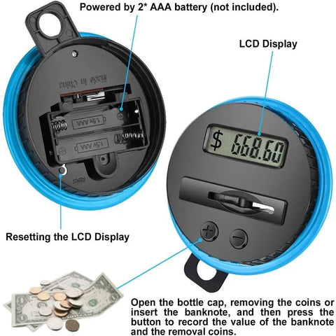 Green Digital Coin Counter Money Bank With LCD Display, 1.8L ABS Jar, showing battery compartment and digital savings display