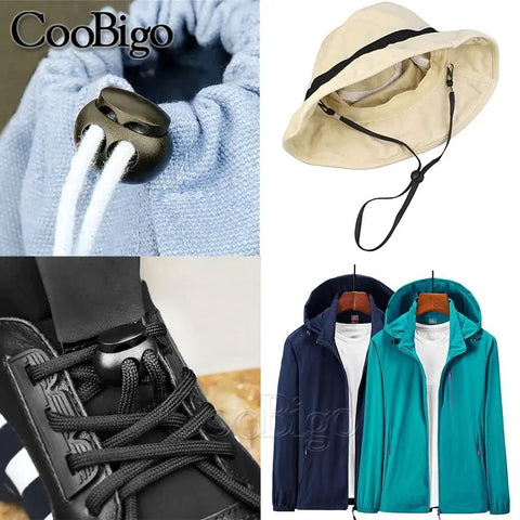 25 Pack Spring Cord Locks End Stops For Drawstrings And Shoelaces Two Hole Round Plastic Toggles shown on clothing, hat, laces