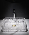 Square Clear Glass Vessel Sink Slick Finish Zero Hassle Cleanup Bathroom Vanity Basin Top Tier design with polished copper stopper.