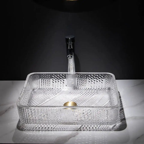 Square Clear Glass Vessel Sink Slick Finish Zero Hassle Cleanup Bathroom Vanity Basin Top Tier design with polished copper stopper.