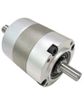 No Nonsense 60 Mm Double Shaft Planetary Reduction Gearbox PLS60 Servo Motor Speed Reducer Assembly with silver alloy body.