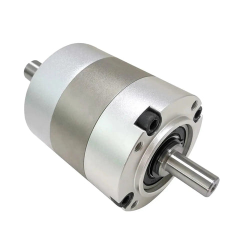 No Nonsense 60 Mm Double Shaft Planetary Reduction Gearbox PLS60 Servo Motor Speed Reducer Assembly with silver alloy body.