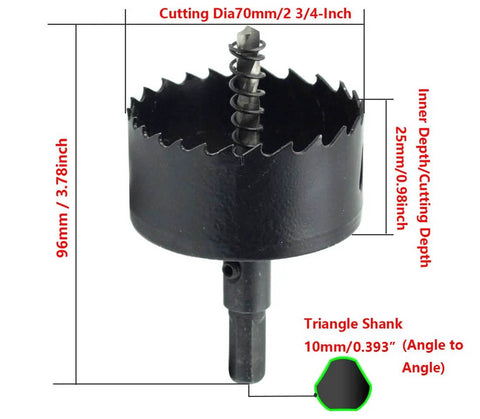 Rannb 70mm bimetal hole saw with triangle shank and pilot drill, front view