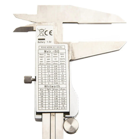 Micpointik Digital Caliper 0-150mm showing precise measurement scale and battery compartment, made of stainless steel.