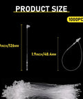 1000 Pcs Five Inch Clear Plastic Hang Tag Fasteners And Snap Lock Pins For Clothing Shoe Bag Jewelry Security Loops No Fuss Design detail showing size dimensions and looping mechanism.