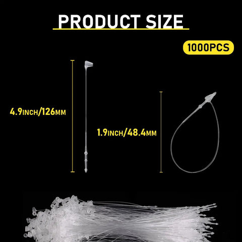 1000 Pcs Five Inch Clear Plastic Hang Tag Fasteners And Snap Lock Pins For Clothing Shoe Bag Jewelry Security Loops No Fuss Design detail showing size dimensions and looping mechanism.