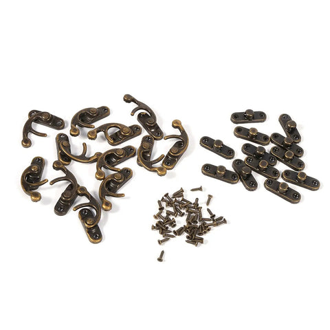 Antique Latch Hook Metal Hasp for Jewelry Boxes and Gift Boxes, Vintage Gold Bronze Finish with screws on white background