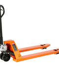 6600 Lb Manual Pallet Jack with 48 by 27 Inch Forks and a 3.35 to 7.1 Inch Lift Height in orange color, side view