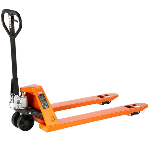 6600 Lb Manual Pallet Jack with 48 by 27 Inch Forks and a 3.35 to 7.1 Inch Lift Height in orange color, side view