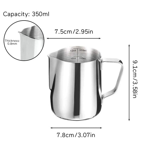 Stainless Steel Milk Frothing Pitcher For Latte Art 12 Ounce Barista Grade Pouring Jug Creamer For Espresso Foam with measurements