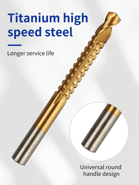Twist drill bit, titanium-coated HSS with serrated side-cutting, 3–10 mm