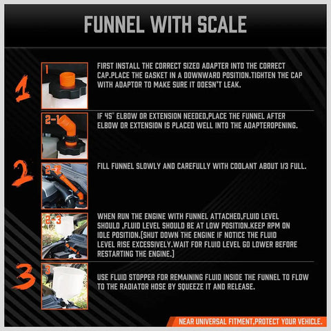 Instructional guide for using Slick No Drama Spill Proof Coolant Funnel Kit With Universal Adapter Bleeder steps to prevent overflow.