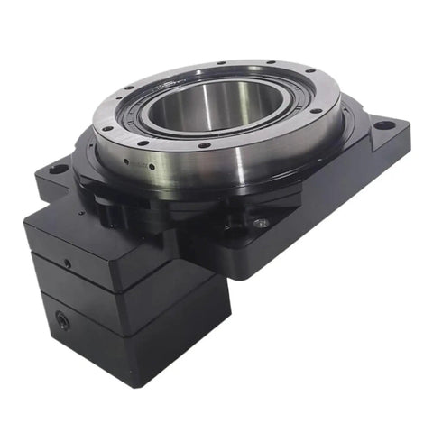 Battle Ready Flange Mount Dg Series Hollow Rotary Actuator Cnc Rotary Table For Servo Motor with a sleek black finish and steel surface.