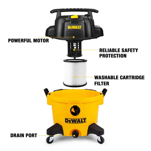 Exploded view of 9 Gallon Wet And Dry Shop Vacuum With 5 Peak HP Motor showing motor, filter, and drain port