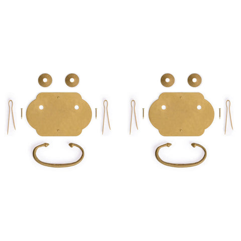 Prosperity Solid Brass Drawer Pulls Set Of 2, 2.7-Inch Cabinet Handles With Warm Patina Finish, parts laid out for assembly