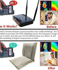 Amradield WiFi router EMF shielding cover on router; beige fabric, 13.8x15.7 in, with before/after EMF readings.