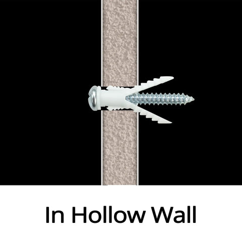 116 Piece Wall Anchor Kit With 4 Sizes And Screws, Plastic anchor in hollow wall with expansion bolt visible, labeled "In Hollow Wall"