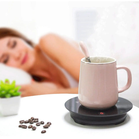 Solid Daily Driver One Button Cup Warmer Heating Plate With Lightning Fast Five Second Heat Up And Zero Leak Constant Temperature For Home Coffee with steaming cup on table