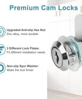 Keyed Alike Cam Locks For Cabinets And Drawers Five Eighths Inch Cylinder Fits Panels Up To Three Eighths Inch Thick Chrome Finish Zinc Alloy Two Pack For File Cabinets Mailboxes RV Storage Secure Easy To Install, side view with features highlighted.