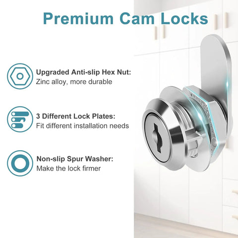 Keyed Alike Cam Locks For Cabinets And Drawers Five Eighths Inch Cylinder Fits Panels Up To Three Eighths Inch Thick Chrome Finish Zinc Alloy Two Pack For File Cabinets Mailboxes RV Storage Secure Easy To Install, side view with features highlighted.