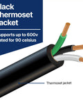 Black thermoset jacket on 14 Gauge 3 Conductor SOOW Wire For Industrial And Home Use, 14/3 Cable, up to 600V, USA Made 50ft.