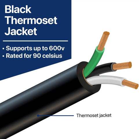 Black thermoset jacket on 14 Gauge 3 Conductor SOOW Wire For Industrial And Home Use, 14/3 Cable, up to 600V, USA Made 50ft.