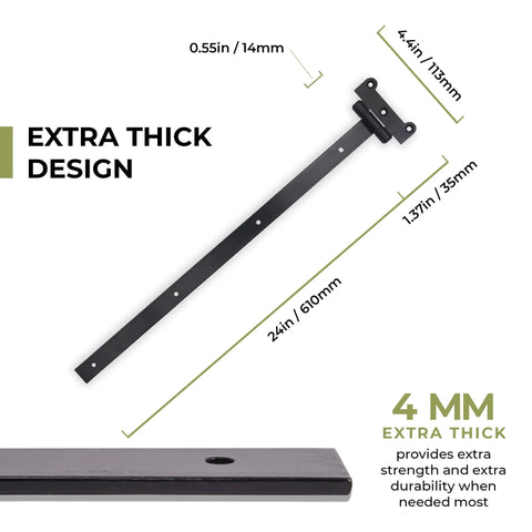 Diagram showing dimensions of 24 Inch Black T Strap Gate Hinges Set - Heavy Duty 2 Pack With 14 Mounting Screws, 4mm Thick Iron
