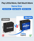 Comparison of compact 12V 20Ah battery versus 12V 30Ah LiFePO4 Battery With DC Port, Compact Size Like 20Ah, 30A BMS With Low Temp Cutoff.