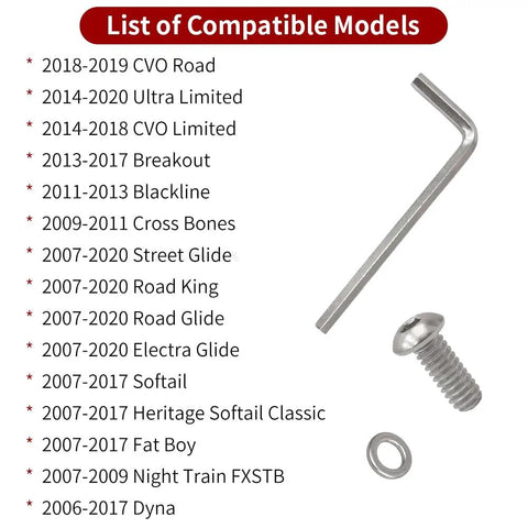 List of compatible models for Heavy Duty Titanium Derby Cover Screw Bolt Kit For Street Glide Dyna Softail Ultra Limited And Breakout With Sleek Black Finish For A Totally Badass Smooth Ride Upgrade