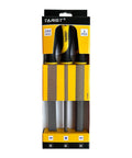 Eight Inch Carbon Steel Wood Rasp File Set Three Piece Kit displayed in packaging with black and yellow grips, suitable for woodworking.