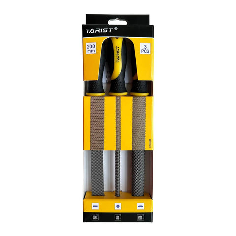 Eight Inch Carbon Steel Wood Rasp File Set Three Piece Kit displayed in packaging with black and yellow grips, suitable for woodworking.