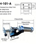 Heavy Duty Pneumatic Clamp Fixture With 50 Kg 110 Lb Hold Down, shown with dimensions and specification details on schematic